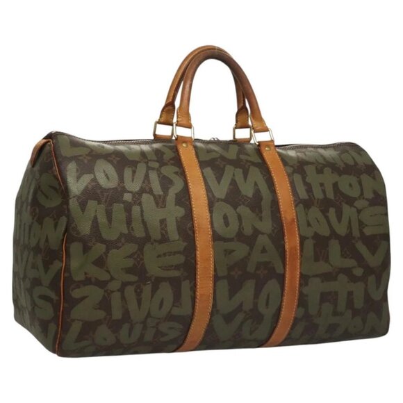 LOUIS VUITTON Monogram Graffiti Keepall 50 Boston Bag Khaki M92196 Auth 115992 - Picture 1 of 16